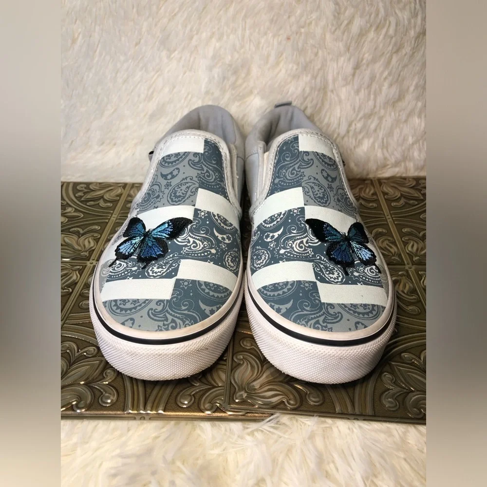 Vans Slip-On Patchwork Sneakers - White and Blue with Butterfly Missy 5 - Picture 2 of 16